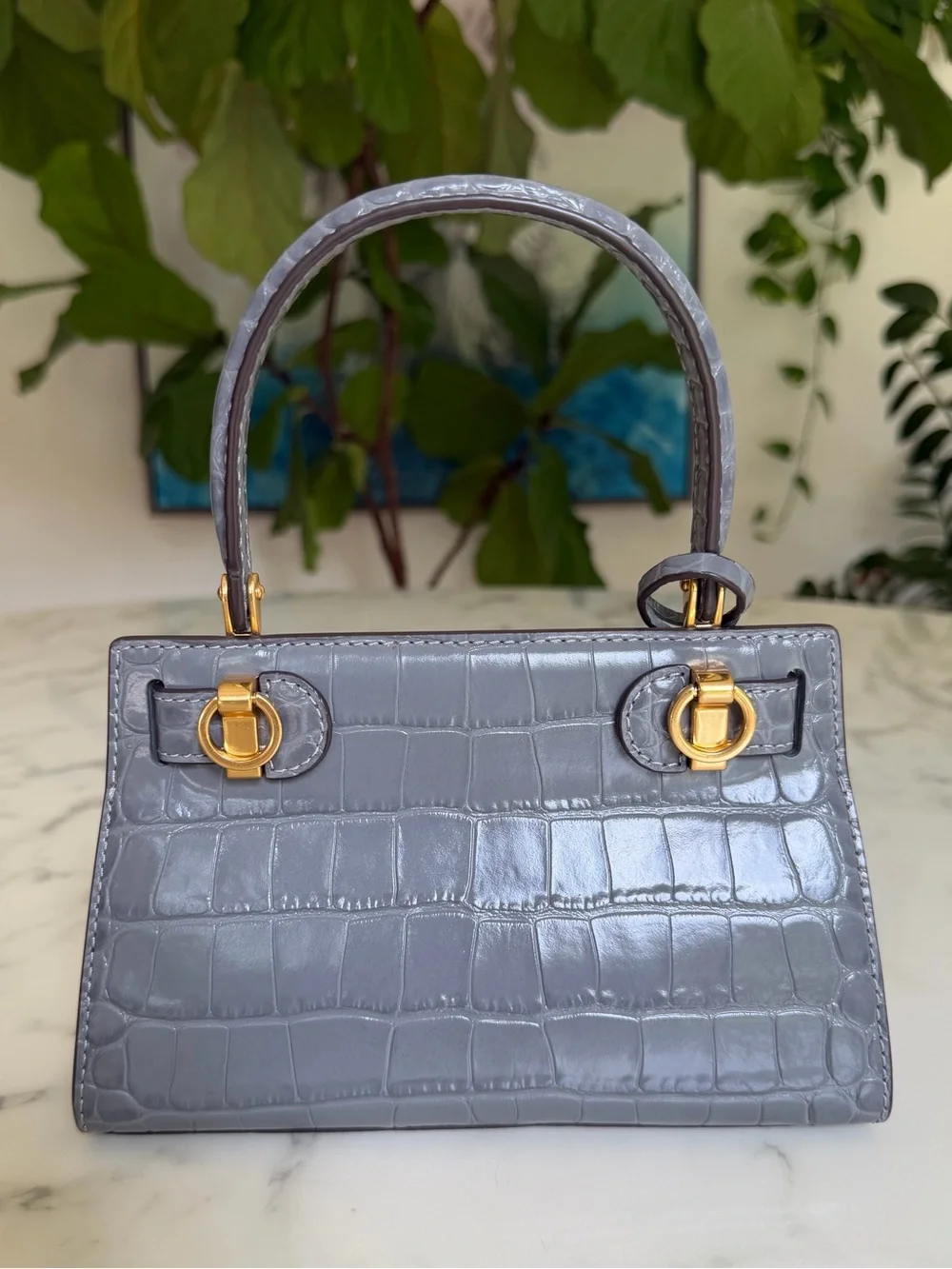Tory Burch Lee Radziwill Petite Bag in Zinc Gray Crocodile Croc Embossed Leather